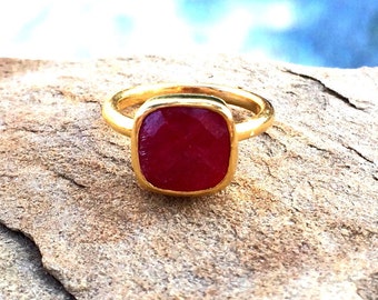 Ruby Ring, Ruby Birthstone Ring, Ruby Faceted Stackable Ring, Gold Ring July Birthstone
