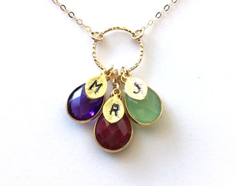 Birthstone Initial Necklace, Gold Filled Personalized Mom Gift