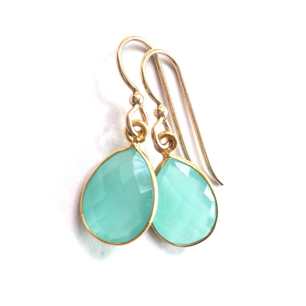 Aqua Chalcedony, Aqua Chalcedony Earrings, Aqua Chalcedony Gold Earring, Gold Earrings, Delicate