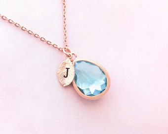 Personalized Aquamarine Necklace: March Birthstone, Initial Leaf Charm