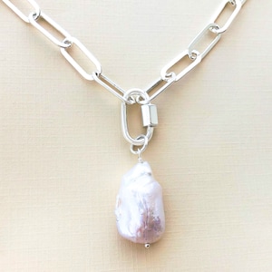 Pearl Sterling Silver Paperclip Chain Necklace: Carabiner Clasp