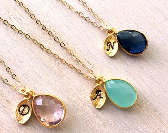 Birthstone Initial Necklace: Gold Filled, Personalized Mom Jewelry