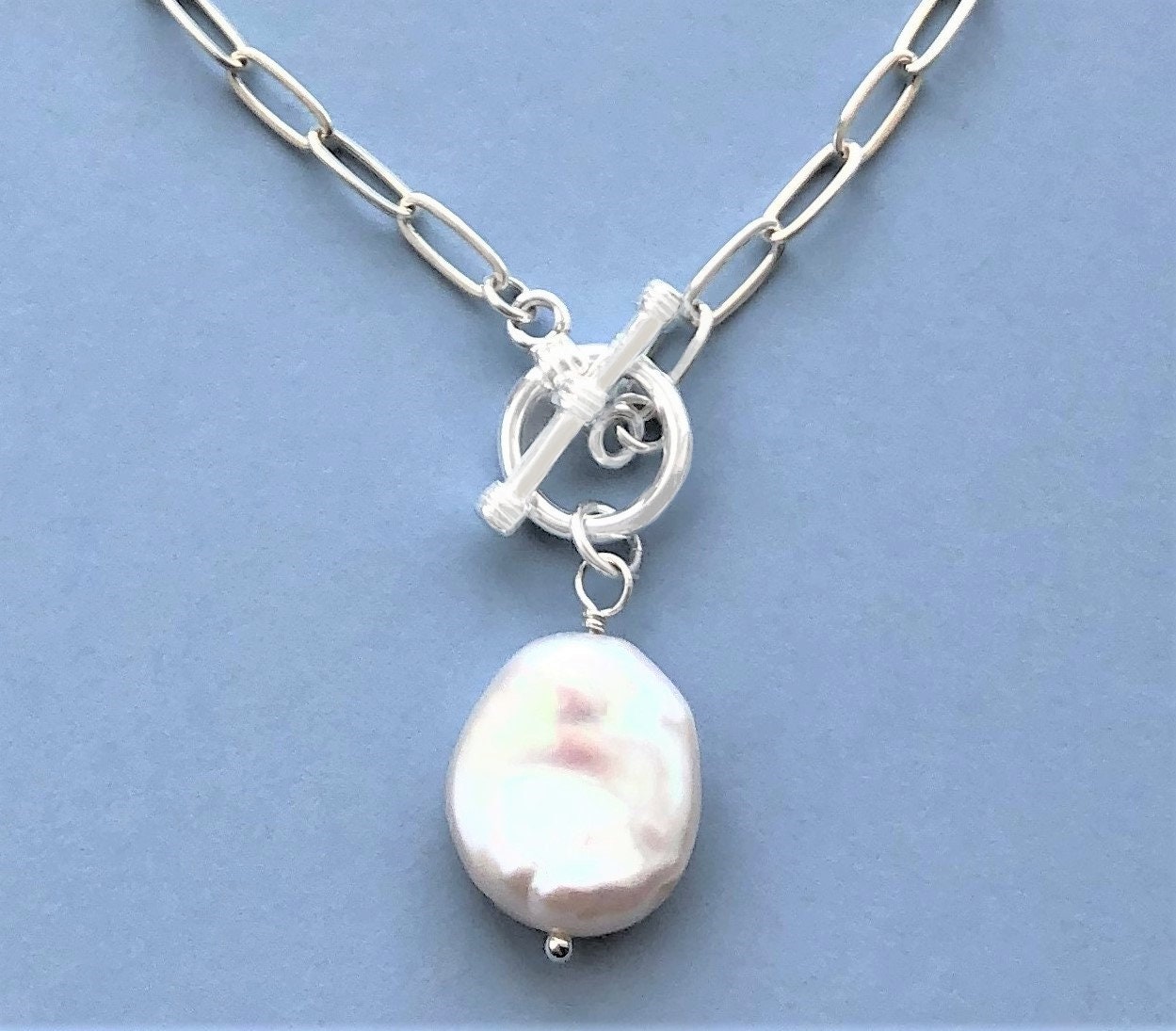 Pearl Necklace, Sterling Chain Pearl Pendant Necklace, Genuine Freshwater Baroque Pearl, Paperclip Chain, Toggle Front Closure Everyday