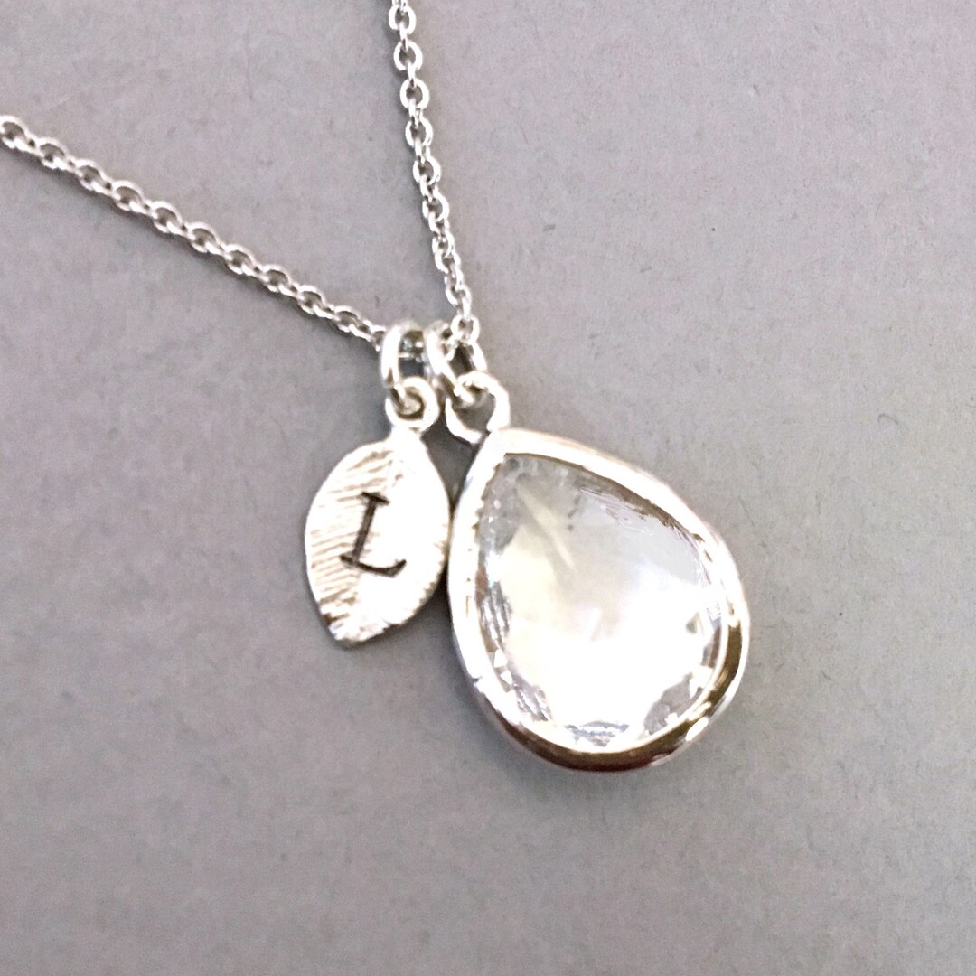 April Crystal Quartz Birthstone Necklace, Leaf Initial Charm - Etsy