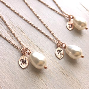 Rose Gold Teardrop Pearl Necklace: Personalized Initial Leaf Charm