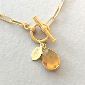 Personalized November Birthstone Necklace, Citrine Birthstone, Topaz November Birthday Initial Gift, Birthstone Necklace, Toggle closure