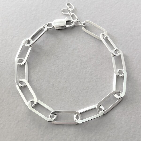 Large Sterling Silver Paper Clip Chain Bracelet, Rectangle Link