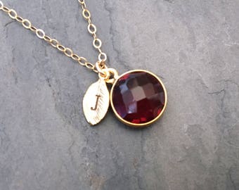 Garnet Birthstone Necklace, January Birthstone Necklace, Burgundy Bridesmaids, Birthstone Initial necklace, new mom necklace