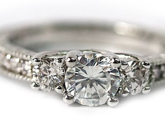 14K White gold engraved Engagement Ring, 0.91ct tw diamonds, White diamond center, light pink sides
