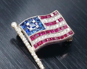 Platinum American Flag pin with diamonds, sapphires and rubies