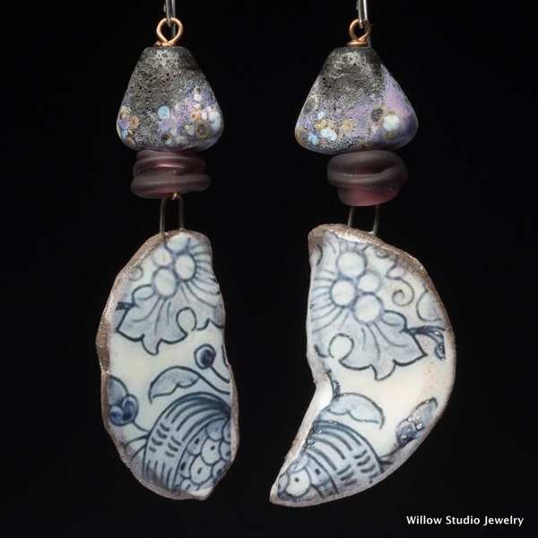 What Became of the Plate earrings, rustic artisan earrings of ceramic and artisan lampwork glass, unique OOAK