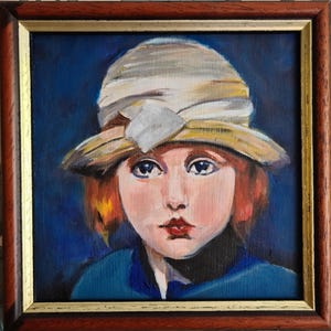Cute  Girl in Hat , Small Original Oil Painting