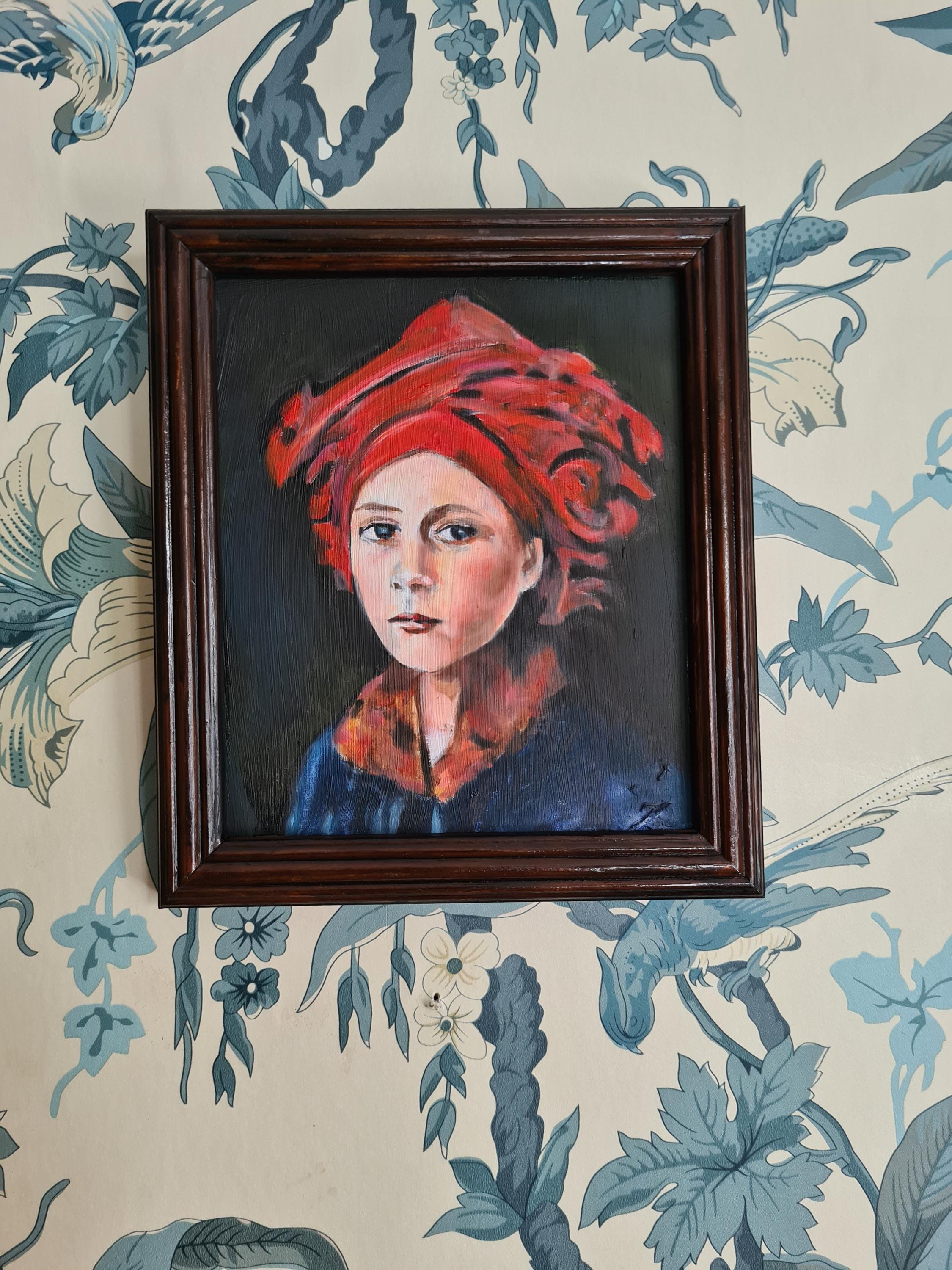 赤いターバンを巻いた少女の肖像、小さなオリジナル油絵 - Etsy 日本
