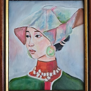 Chinese Woman in Hat , Small Original Oil Painting