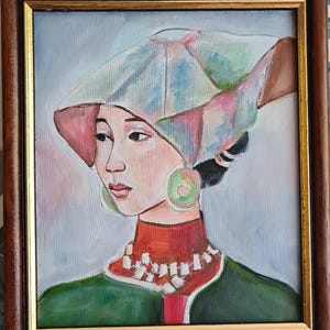 Chinese Woman in Hat , Small Original Oil Painting