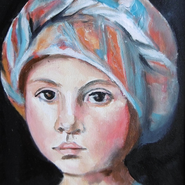 Original Oil Painting of Young Girl in Colourful Scarf , small
