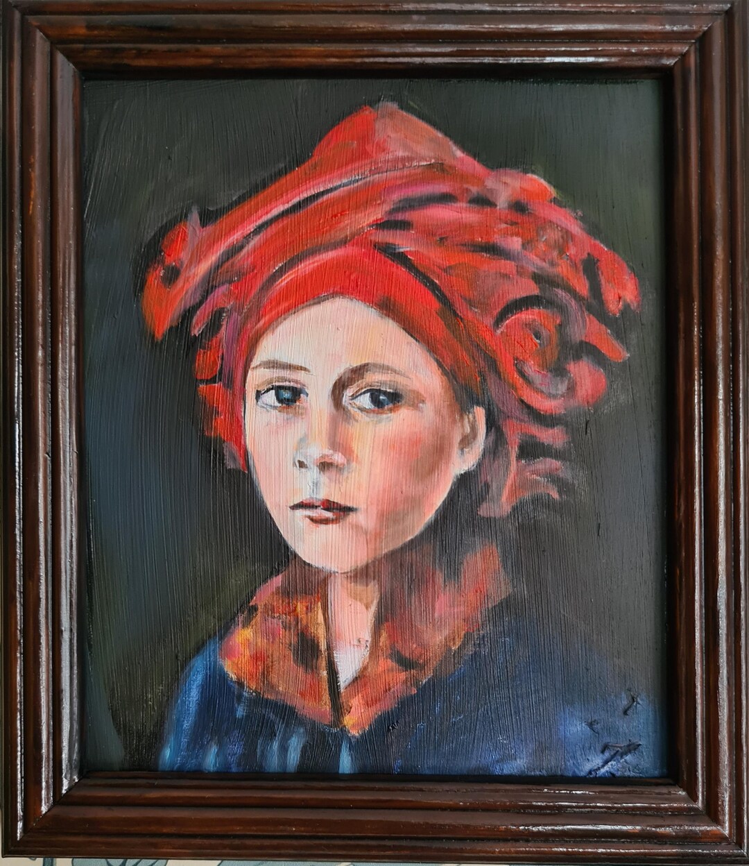 フェレンツェ・ボルダス 赤い髪の少女 油絵 サイン入 額装 人物画