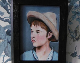 Portrait d'un garçon au chapeau, petite peinture à l'huile originale