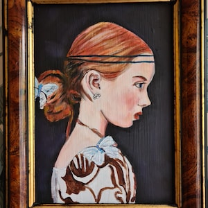 Young Girl with Butterflies , Small Original Oil Painting