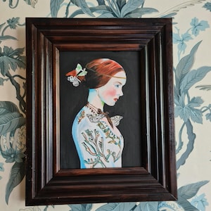 Portrait of a Girl with Butterflies , Small Original Oil Painting