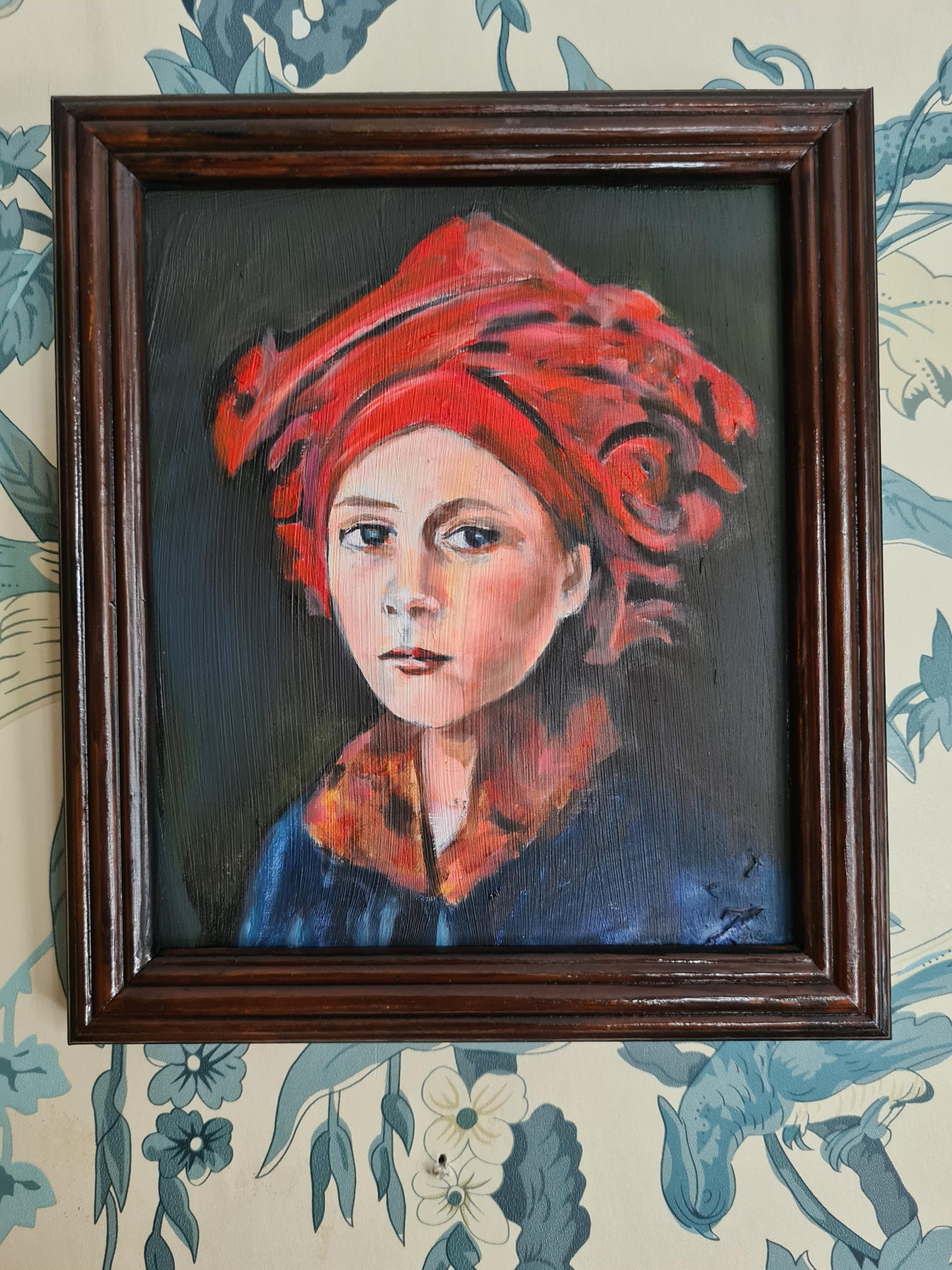 赤いターバンを巻いた少女の肖像、小さなオリジナル油絵 - Etsy 日本
