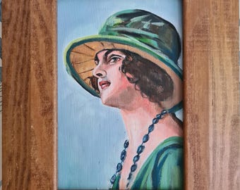 Vintage Portrait of a woman , Small Original Oil Painting