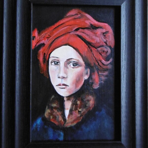 Portrait of Girl in Red Turban , Small Original Oil Painting