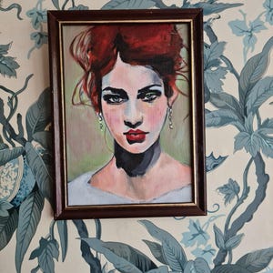 Contemporary Red Haired Woman , Small Framed Oil Painting