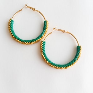 Elegant green beaded hoop earrings - handwoven with miyuki beads gold plated accents - stainless steel - hypoallergenic - gift for her