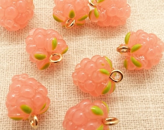 Raspberry Pendant Charms | Pink Green Gold | Resin | 15x11mm | 2 pieces