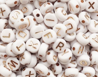 Acrylic Spacer Beads Round LIGHT GOLD White  Mixed Alphabet /Letter Pattern About 7mm Dia, Hole: Approx 1.3mm