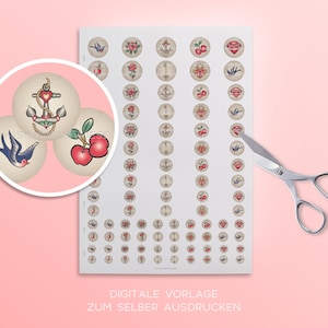 Téléchargement numérique du modèle Cabochon | Tatouage, hirondelle, ancre, cerise, rose, traditionnel, vieille école | BB 01 |