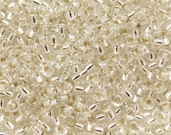 3mm Miyuki Rocailles Perlen Rund 8/0 Glasperlen glänzend | Farbe: Transparent, Silber | 5 Gramm | 8-1