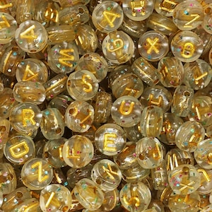 Acrylic Spacer Beads Round gold, transparent clear, glitter  Mixed Alphabet /Letter Pattern About 7mm Dia, Hole: Approx 1.3mm