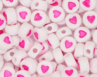 Heart Acrylic Spacer Beads Round Mixed Hearts Love Pattern About 7mm Dia, PINK WHITE