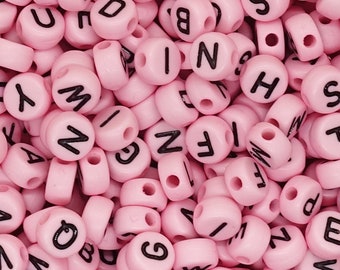 Acrylic Spacer Beads Round pink black  Mixed Alphabet /Letter Pattern About 7mm Dia, Hole: Approx 1.3mm