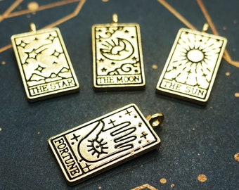 Colgante de Carta del Tarot: La Estrella | El Sol | La Luna | Destino | Color: dorado-bronce, negro