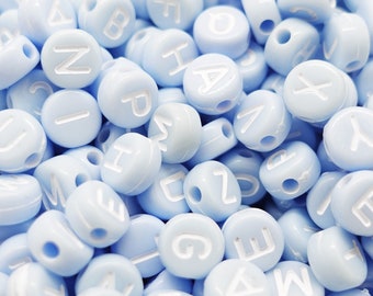 Acrylic Spacer Beads Round Blue White  Mixed Alphabet /Letter Pattern About 7mm Dia, 12.7 Gramms = ca. 100 PCS