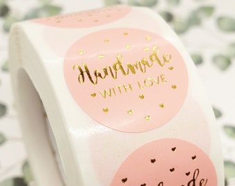 Handmade with love Sticker Round pink gold | BLANKS / 25 pieces