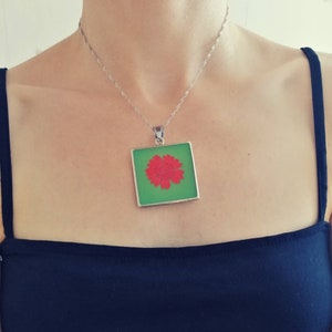 Pressed Red Flower Necklace, Green Square Necklace, Dry Flower Pendant, Dainty Silver Chain