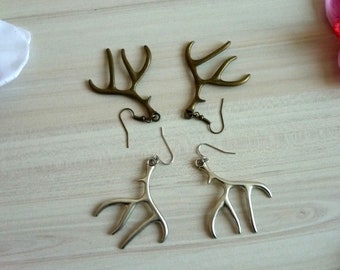 Elk Antler Earrings, Christmas Teamed Earrings, Silver or Antique Gold Color, Edgy Punk Statement Earrings