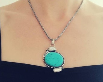 Turquoise and Biwa Pearl Pendant Necklace, Chunky Statement Silver Tone Rope Chain