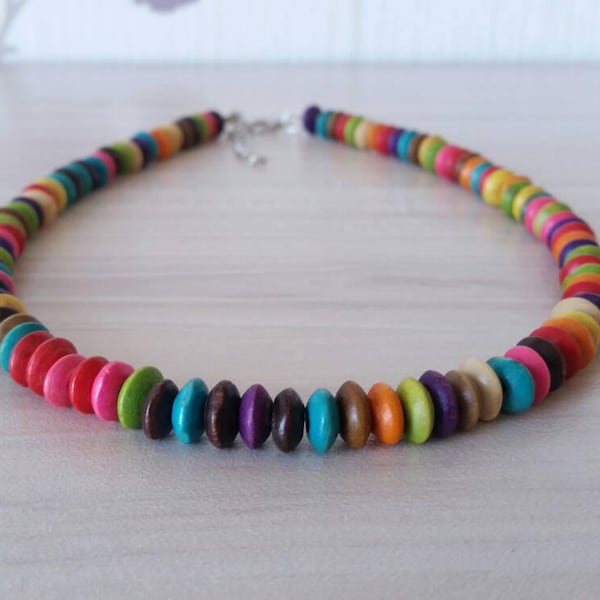 Wooden Necklace, Beaded Wood Choker Necklace, Colorful Wood Beads, Boho Eco Necklace