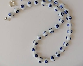 White Milk Glass Bead Necklace, Blue Evil Eye Murano Glass Beaded Necklace, Christmas Gift For Her