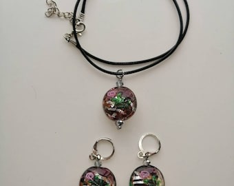 Floral Murano Glass Necklace and Earrings Set: Venetian Style