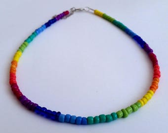 Rainbow Necklace Multicolor Glass Seed Bead Choker Colorful Necklace, Beaded Wire Choker Necklace Layer Necklace