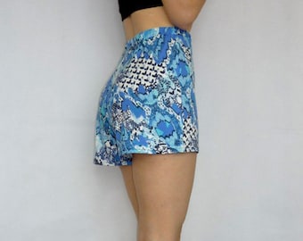 Blue Women Shorts, High Waist Short Pants, Jersey Shorts, Printed Summer Pants