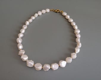 Baroque Pearl Choker: Natural White Pearl Necklace, Gold Tone Hardware