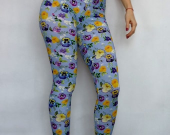 Pansy Print Leggings Blue Purple Yellow Pansies Flower Leggings Floral Pattern High Waisted Yoga Pants