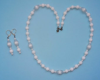 White Quartz Bead Necklace With Earrings Set, Faceted Beads White Necklace, Milky White Beaded Jewelry Set, Christmas Gift